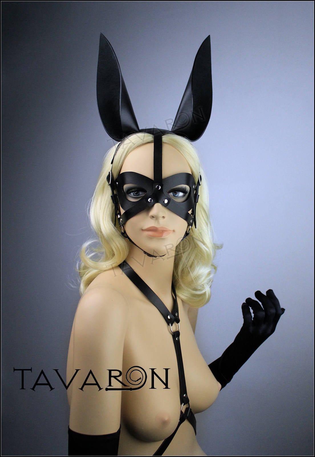 Black leather bunny mask with harness tail