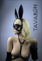 Black leather bunny mask with harness tail