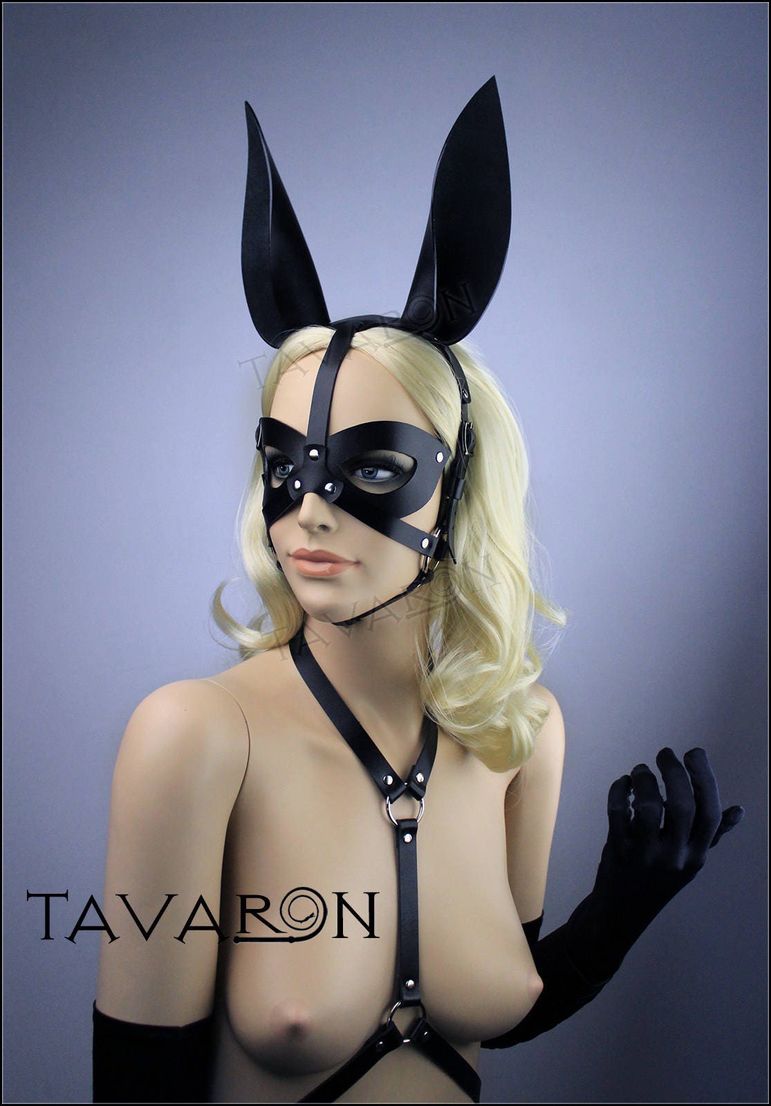 Black leather bunny mask with harness tail