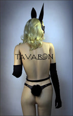 Black leather bunny mask with harness tail