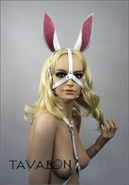 White leather bunny mask with harness tail