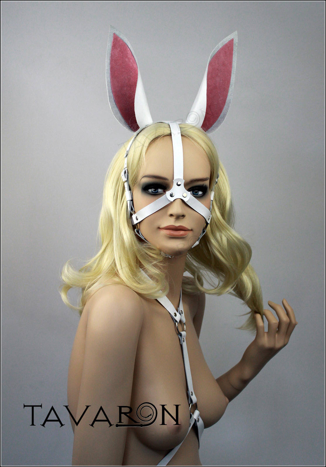 White leather bunny mask with harness tail