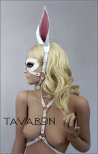 White leather bunny mask with harness tail