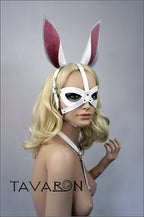 White leather bunny mask with harness tail