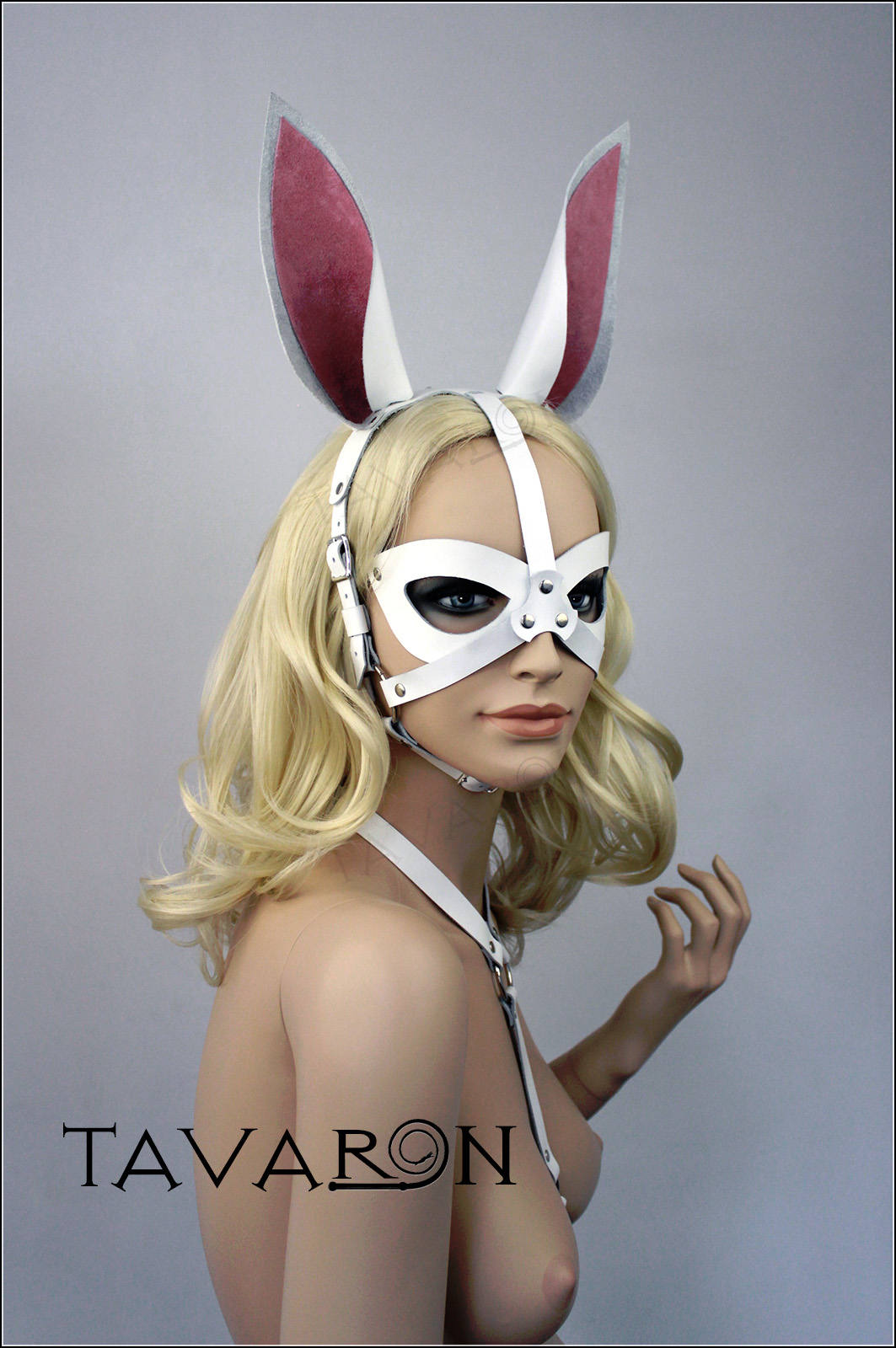 White leather bunny mask with harness tail
