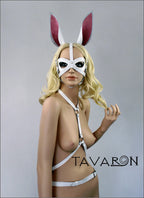 White leather bunny mask with harness tail