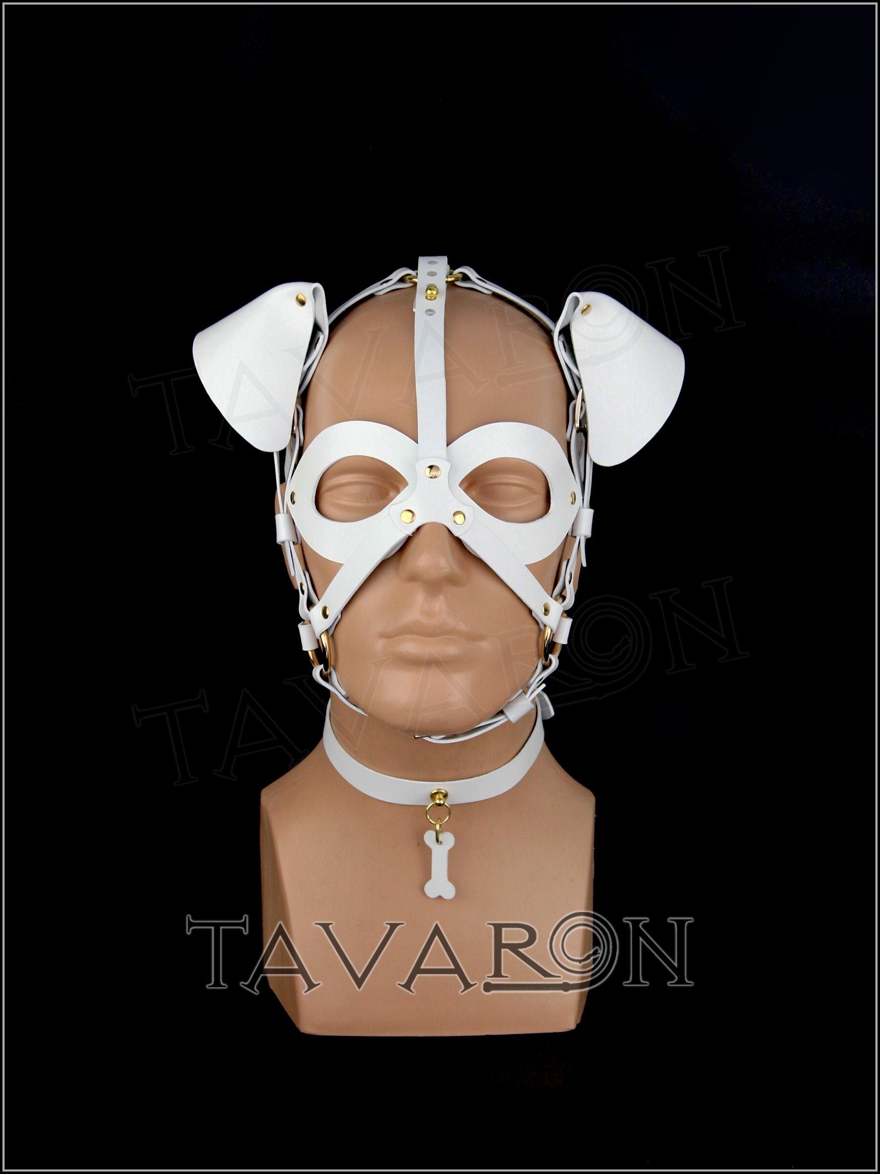 White leather dog mask with choker
