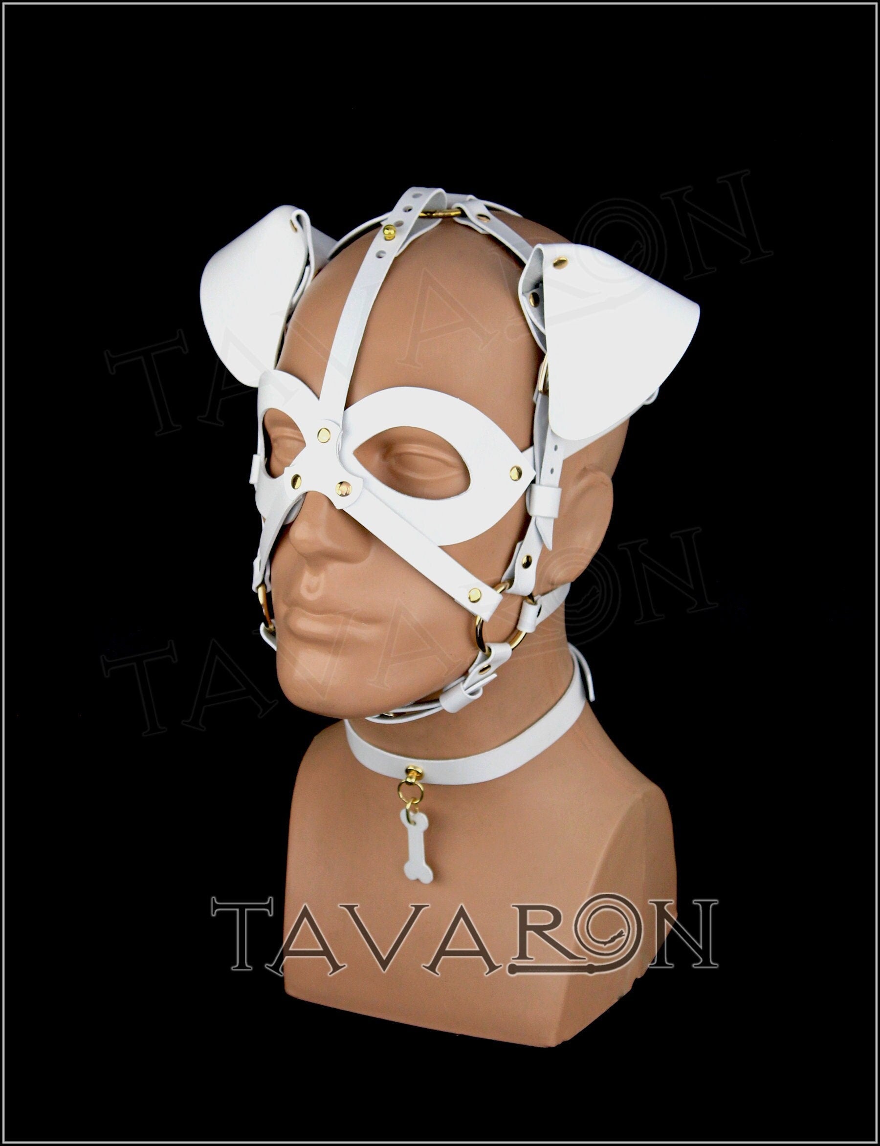 White leather dog mask with choker