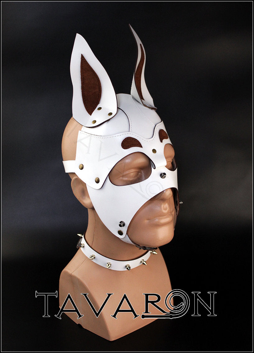 White leather dog mask Doberman