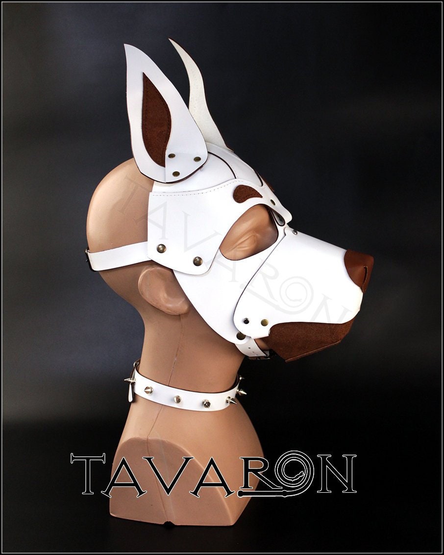 White leather dog mask Doberman