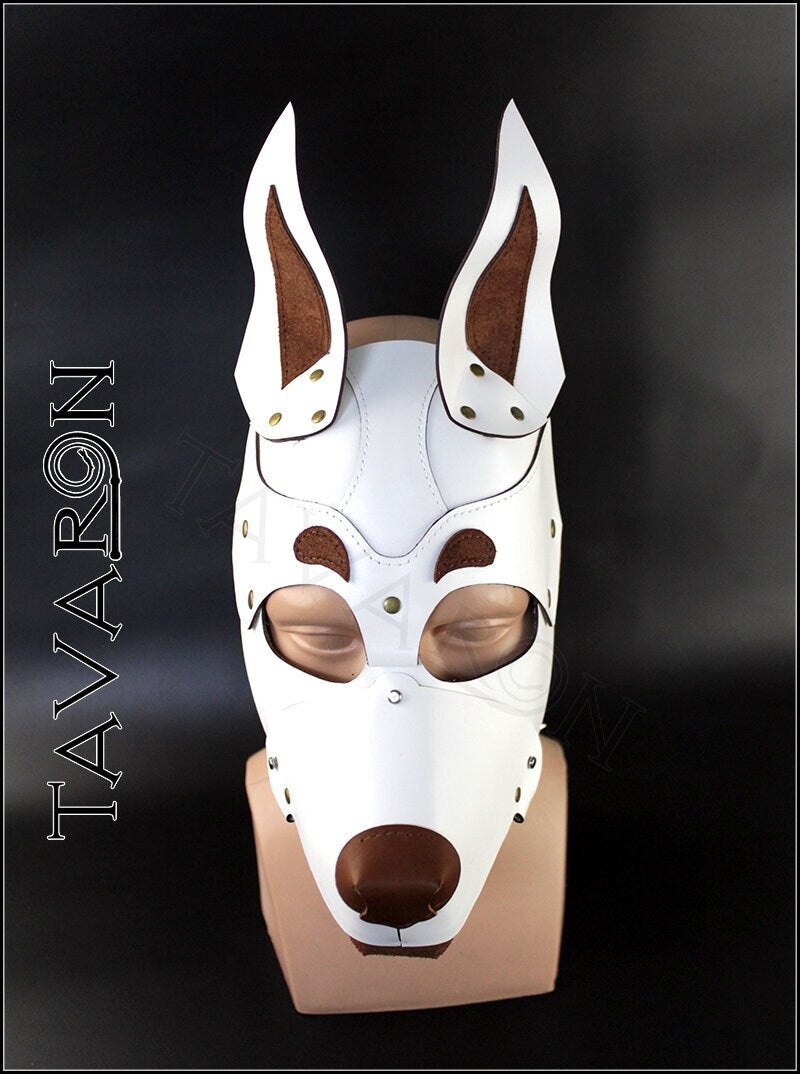 White leather dog mask Doberman