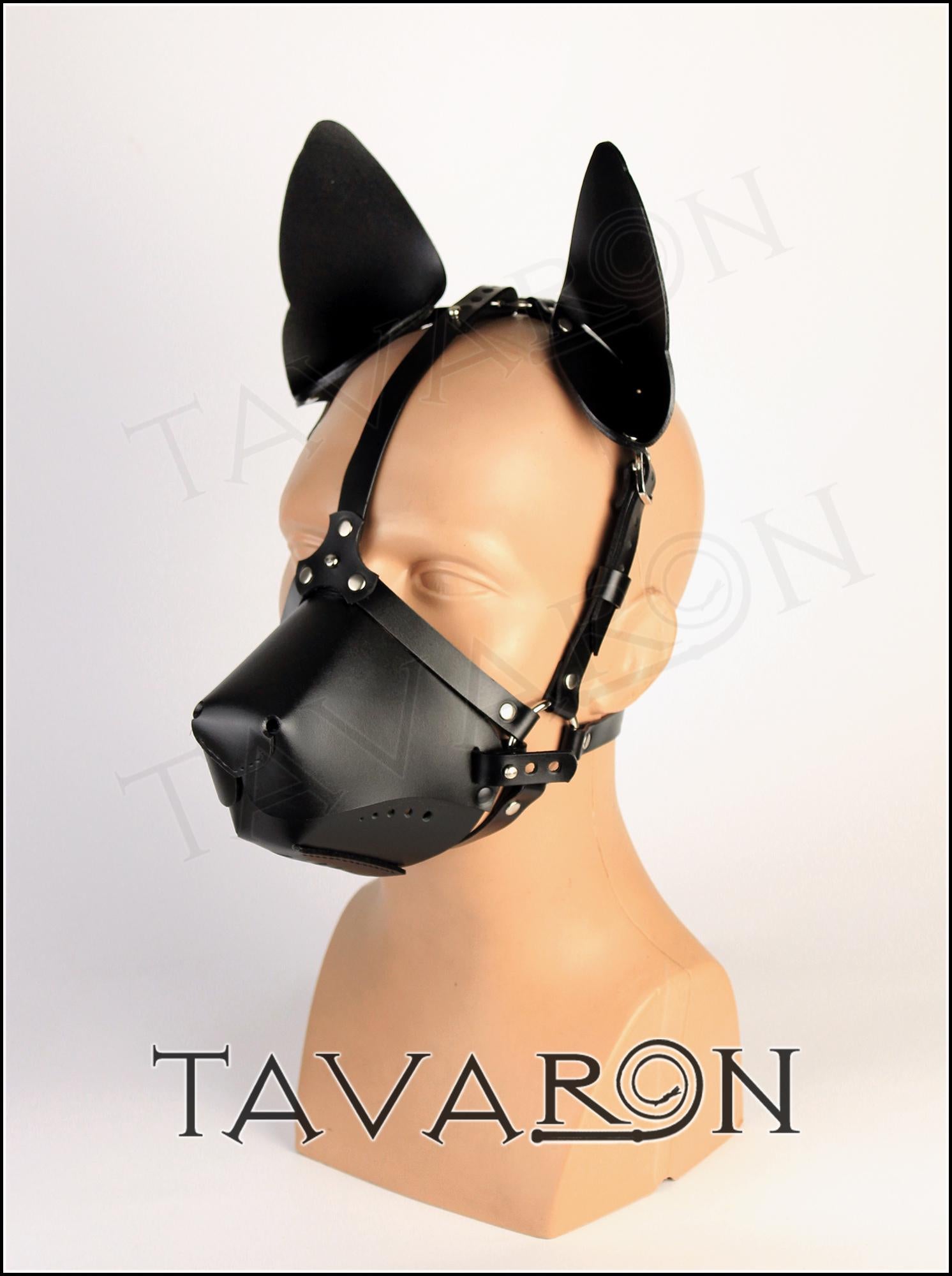 Leather dog mask with floppy ears
