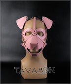 Pink leather dog mask with an open mouth muzzle