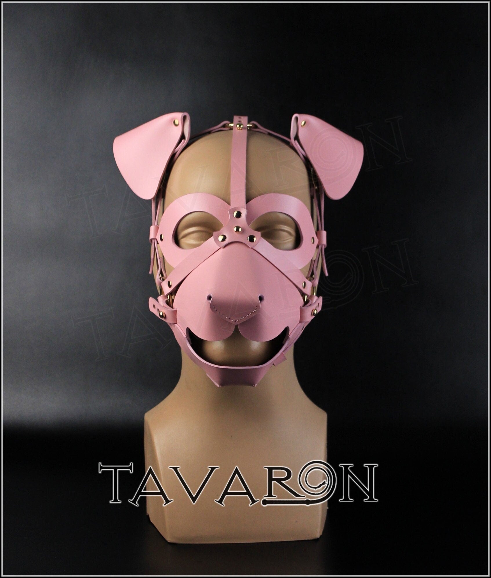 Pink leather dog mask with an open mouth muzzle