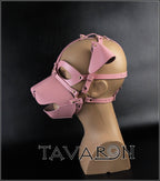 Pink leather dog mask with an open mouth muzzle