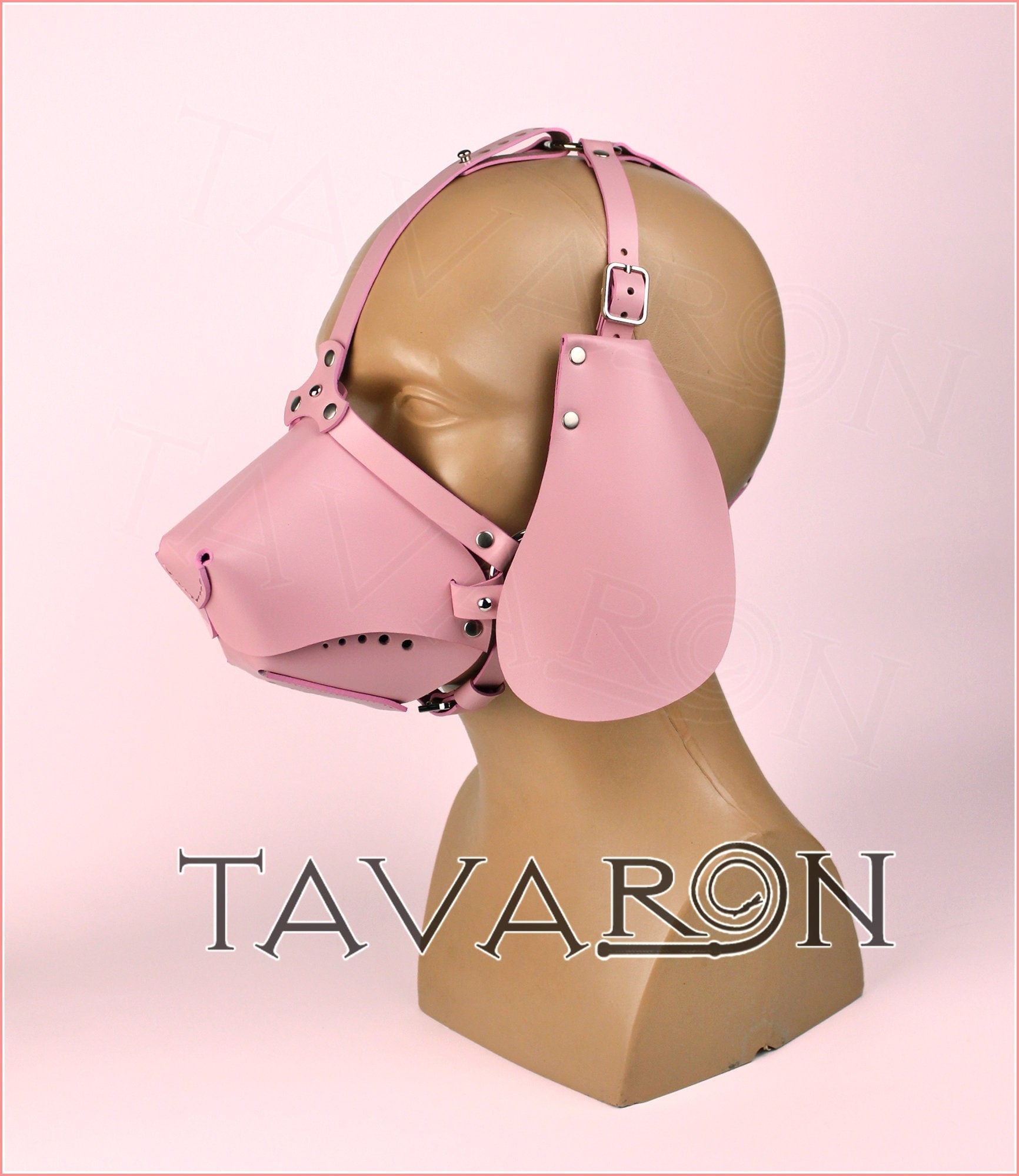 Pink leather dog mask with hanging ears