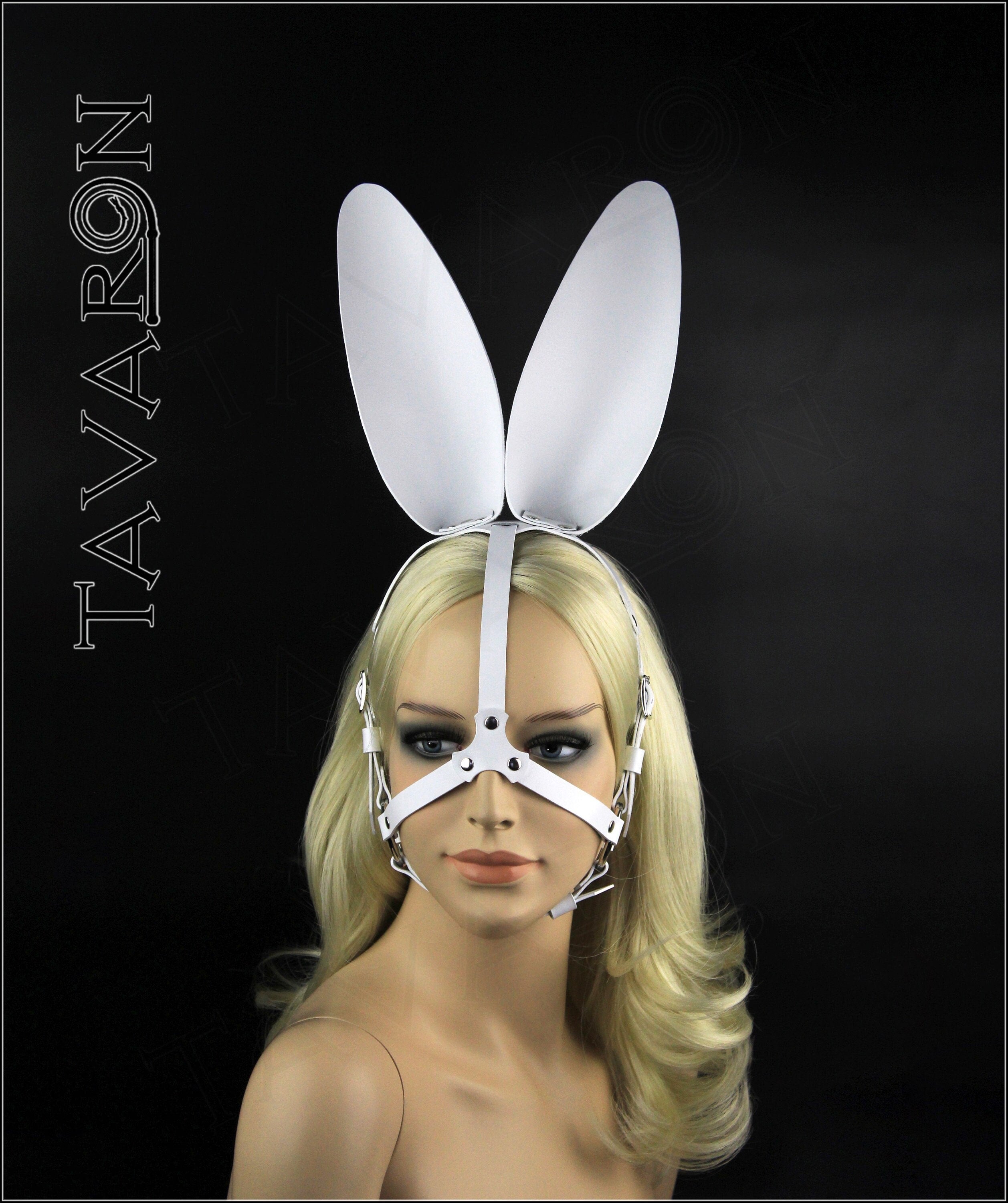 White leather harness bunny mask