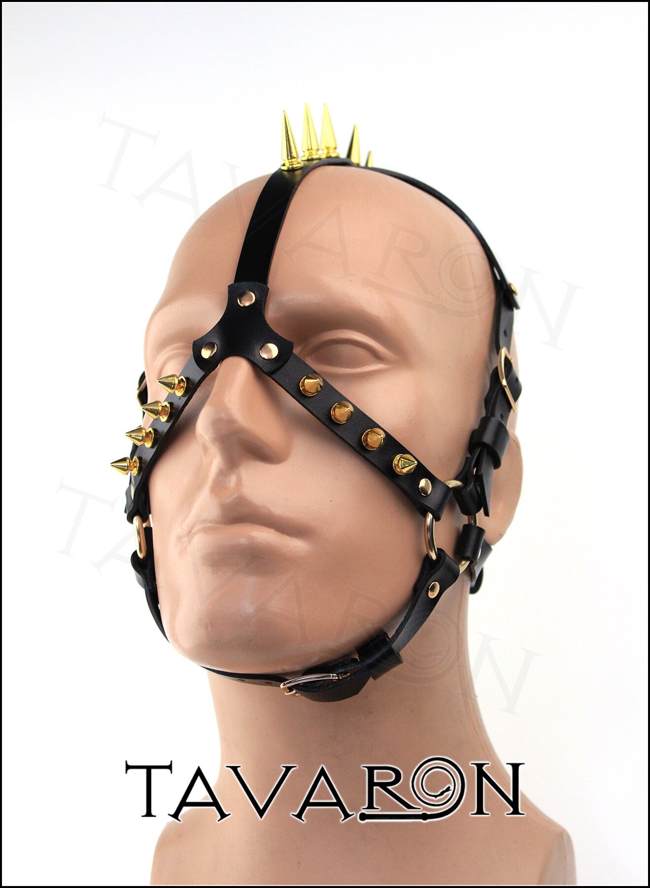 Leather head harness mask with spikes