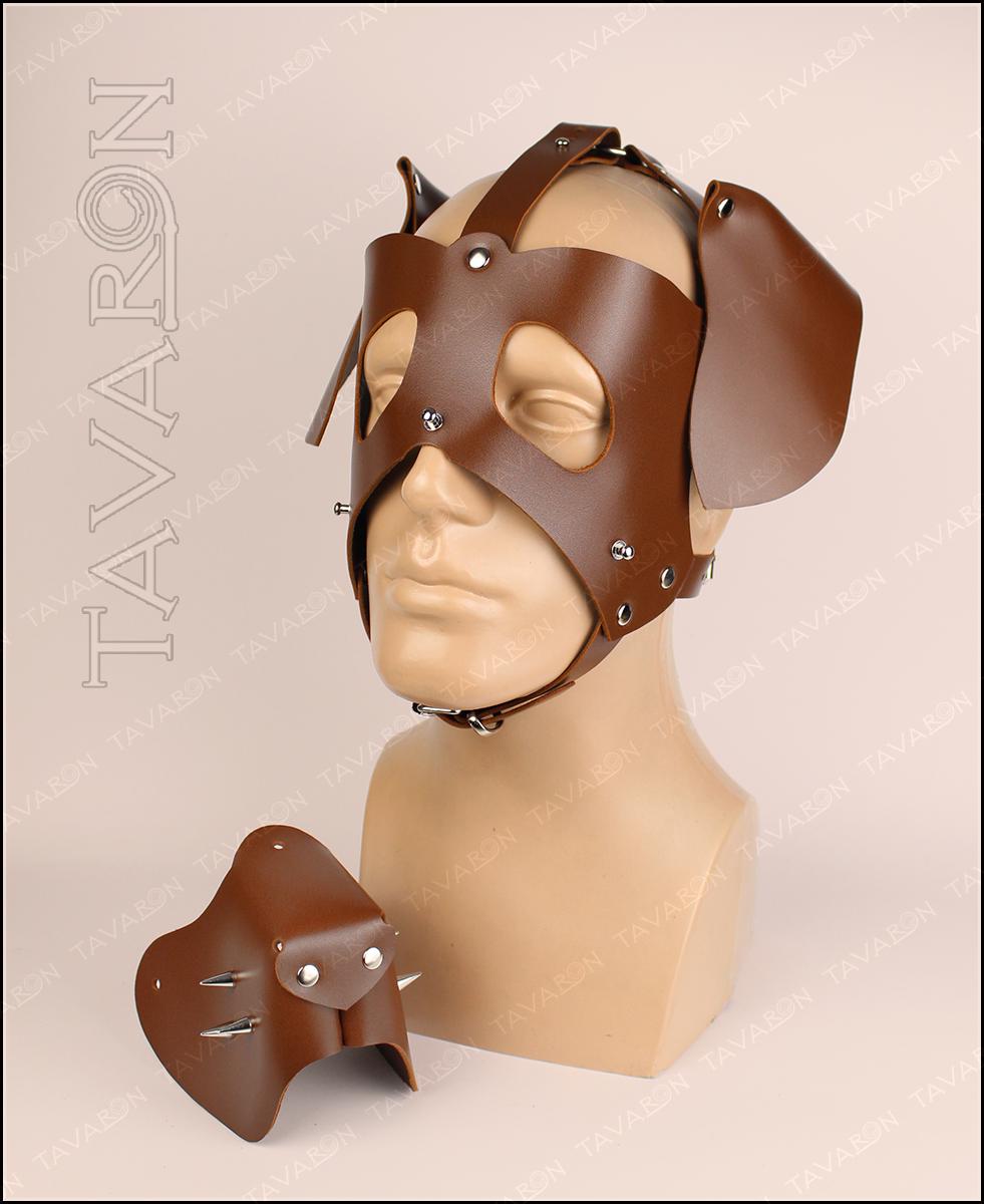 Brown leather pup hood with floppy ears