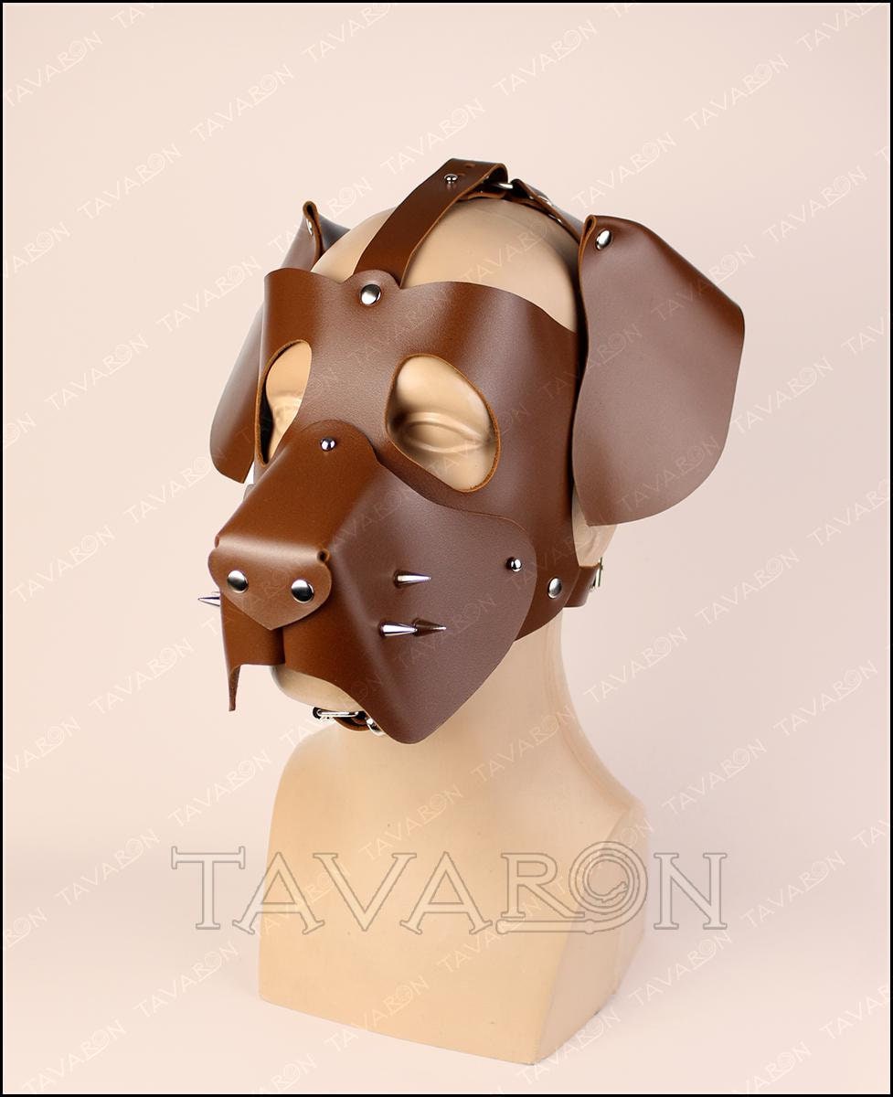Brown leather pup hood with floppy ears