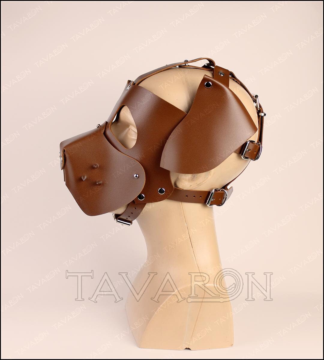 Brown leather pup hood with floppy ears