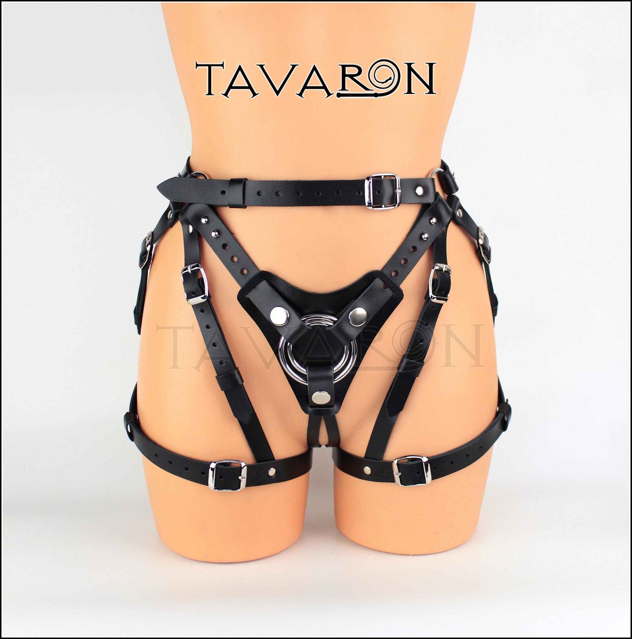 Leather strapon harness with garters