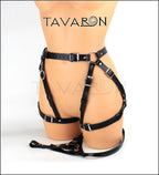Leather strapon harness with garters