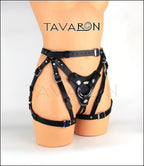 Leather strapon harness with garters