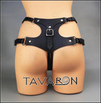 Leather strapon harness with a wide back