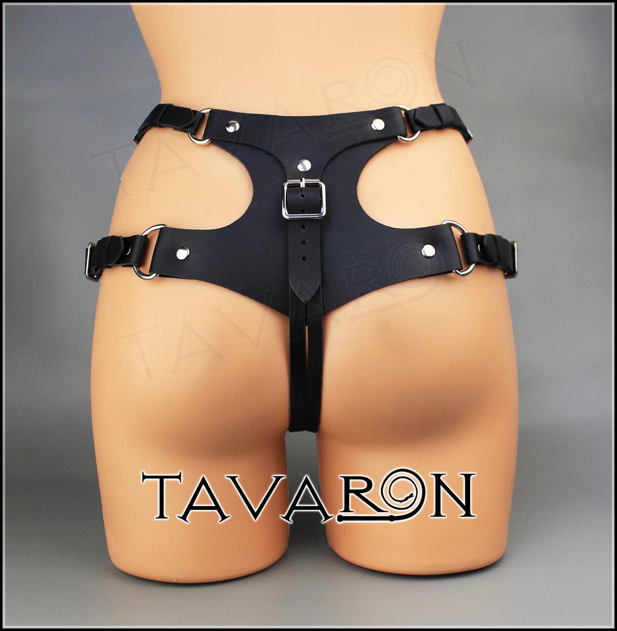 Leather strapon harness with a wide back