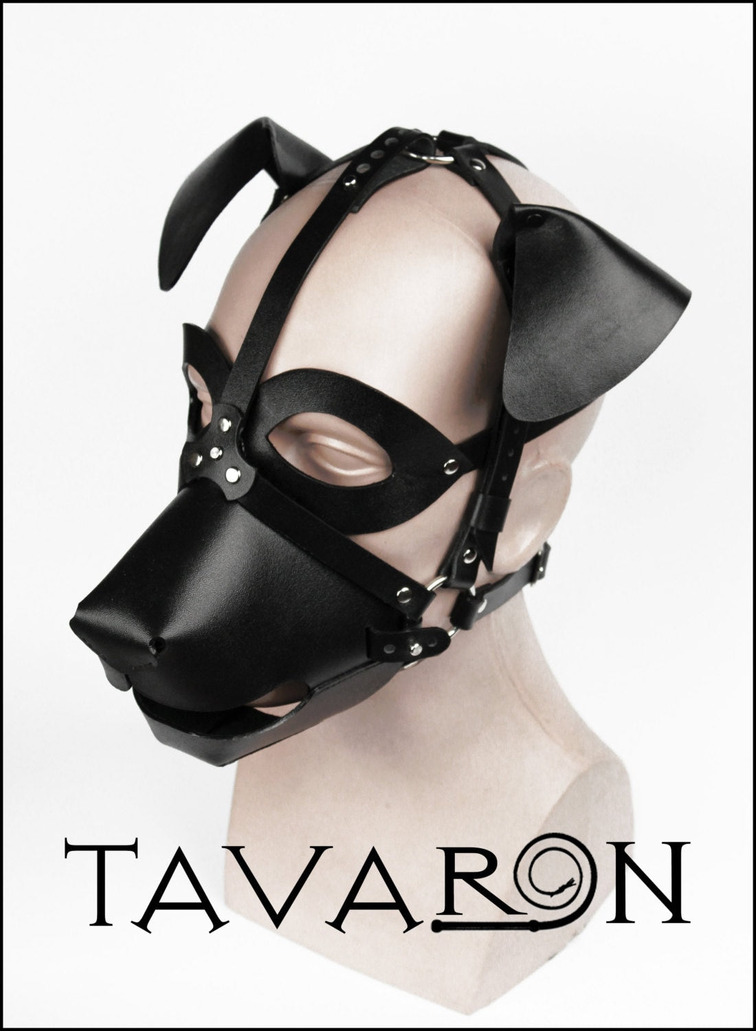 Black leather dog mask with an open mouth muzzle