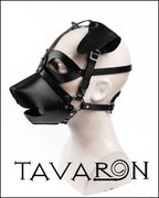 Black leather dog mask with an open mouth muzzle